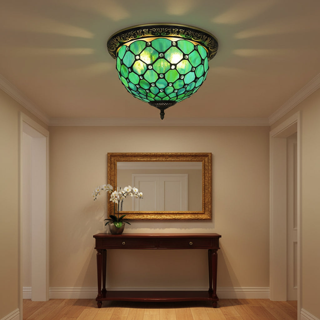 Plafonnier Style Tiffany en Vitrail Vert