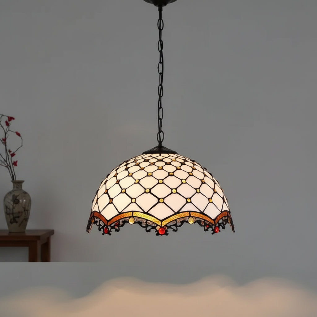 Suspension Tiffany à Vitrail Blanc Style Art Nouveau