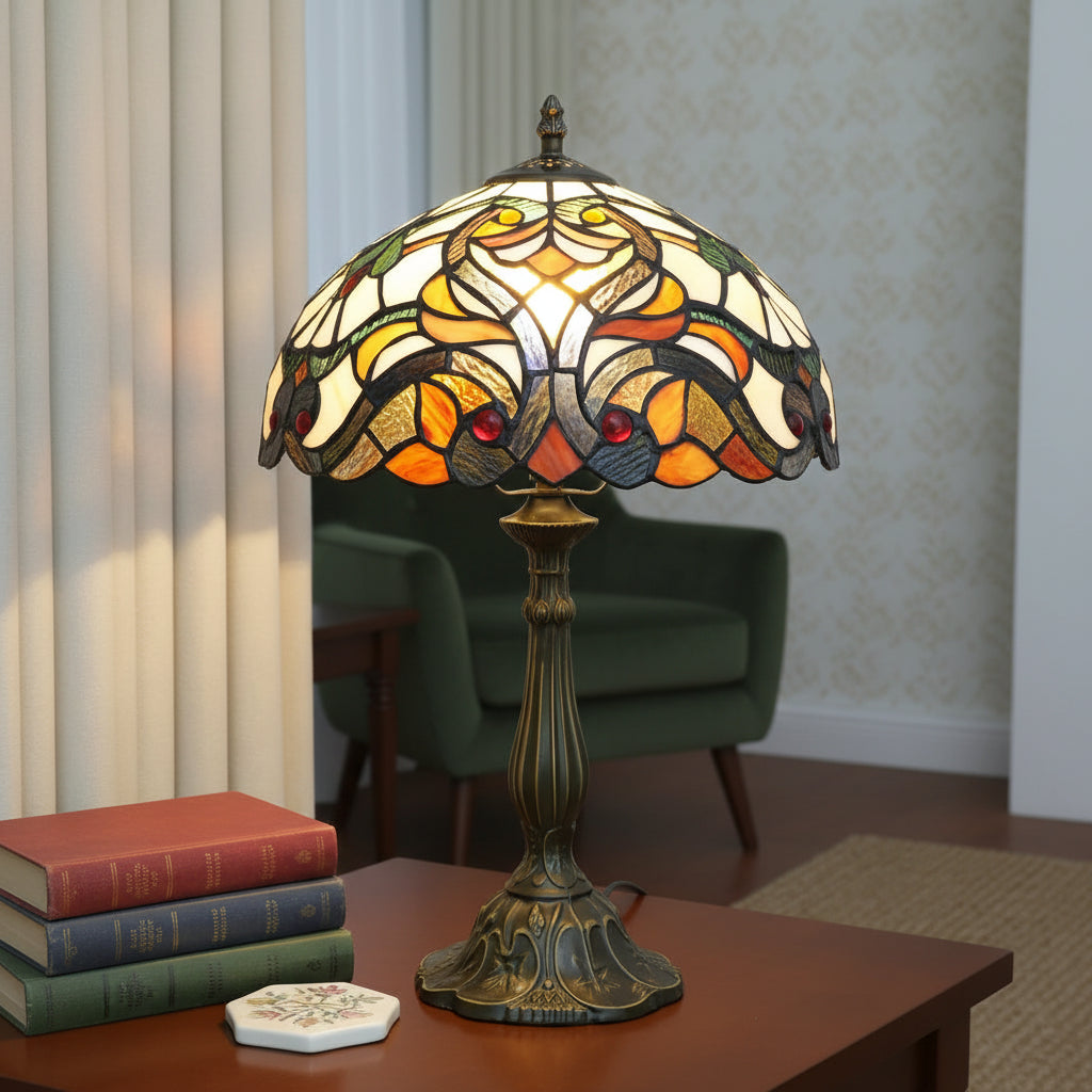 Lampe de Table Tiffany en Vitrail Ambre et Rouge