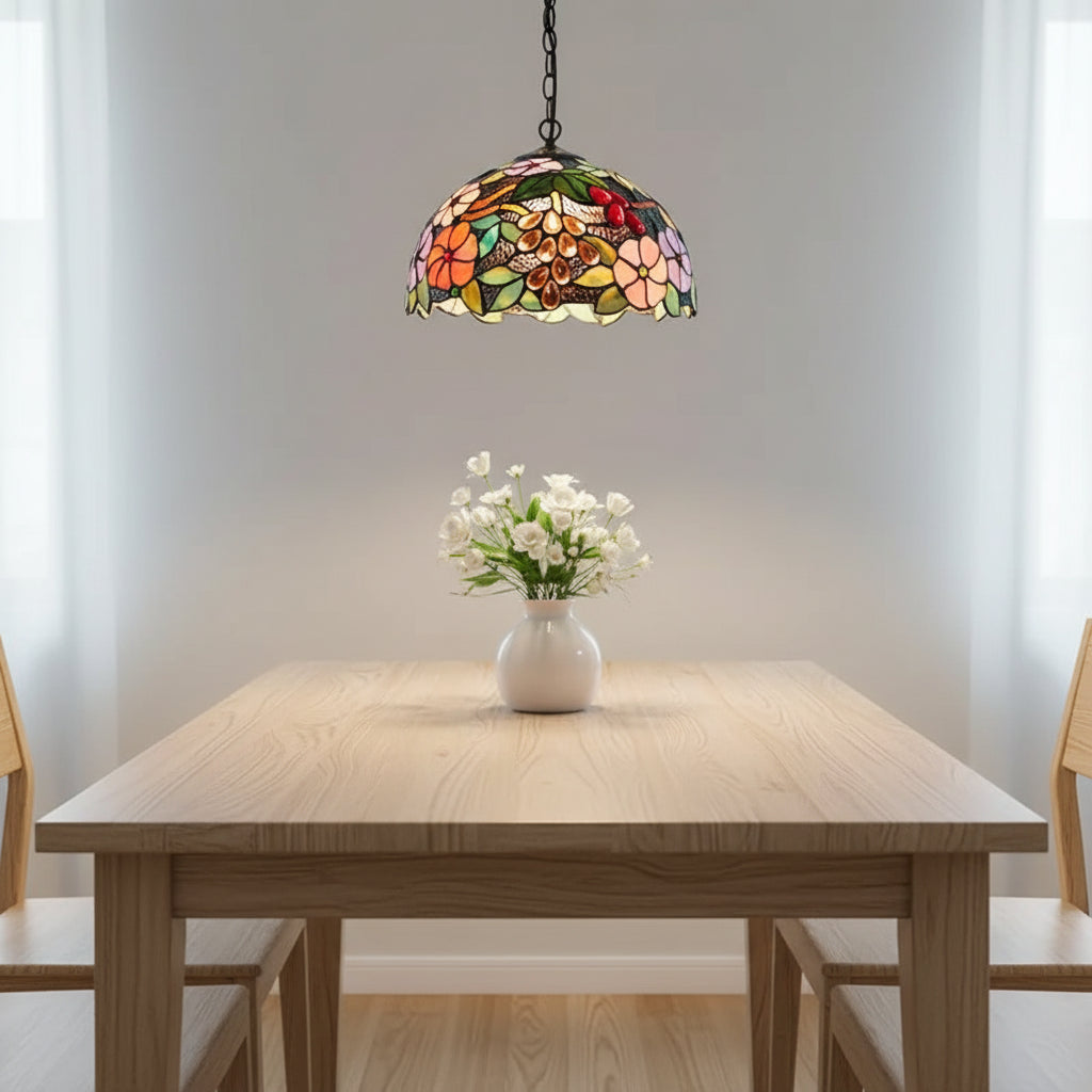 Suspension Vitrail Multicolore Motif Fleurs et Raisins