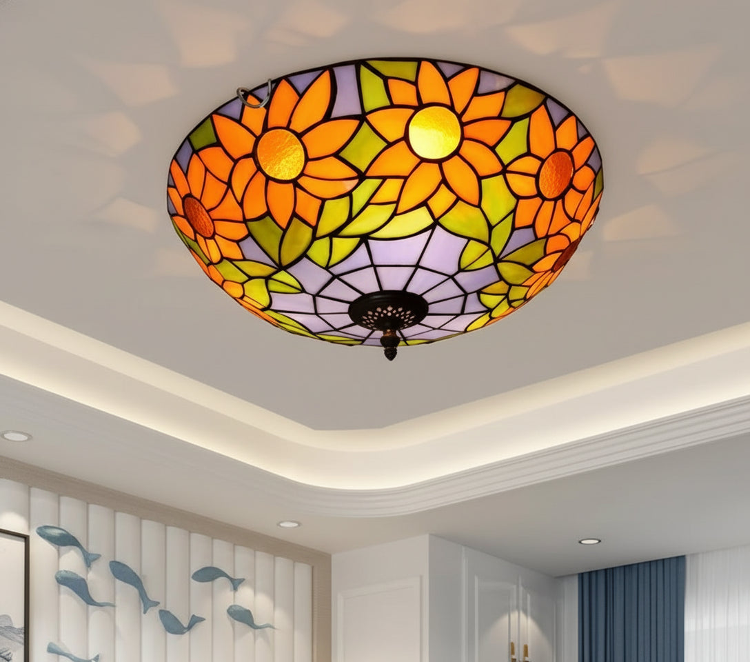 Plafonnier en Vitrail Style Tiffany Tournesols