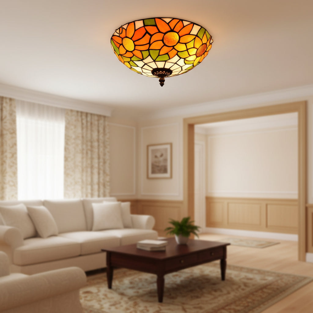 Plafonnier Rond en Vitrail Style Tiffany Tournesol