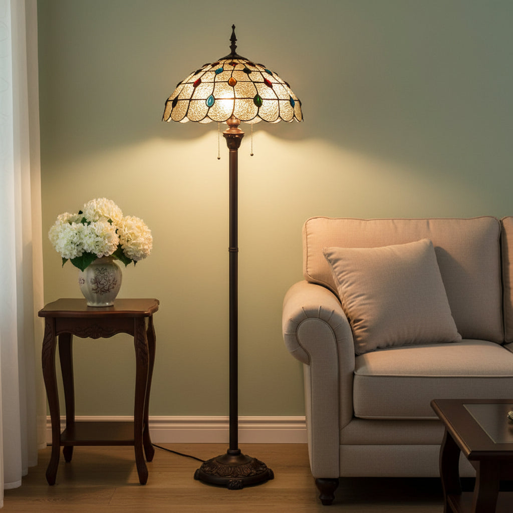 Lampadaire Style Tiffany en Vitrail à Cabochons