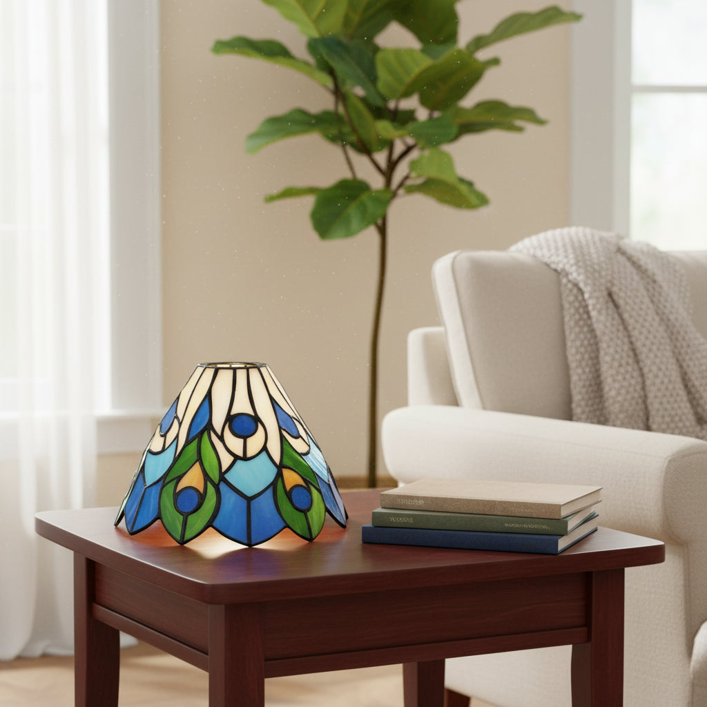 Abat-jour en Vitrail Tiffany Motif Paon Bleu Vert