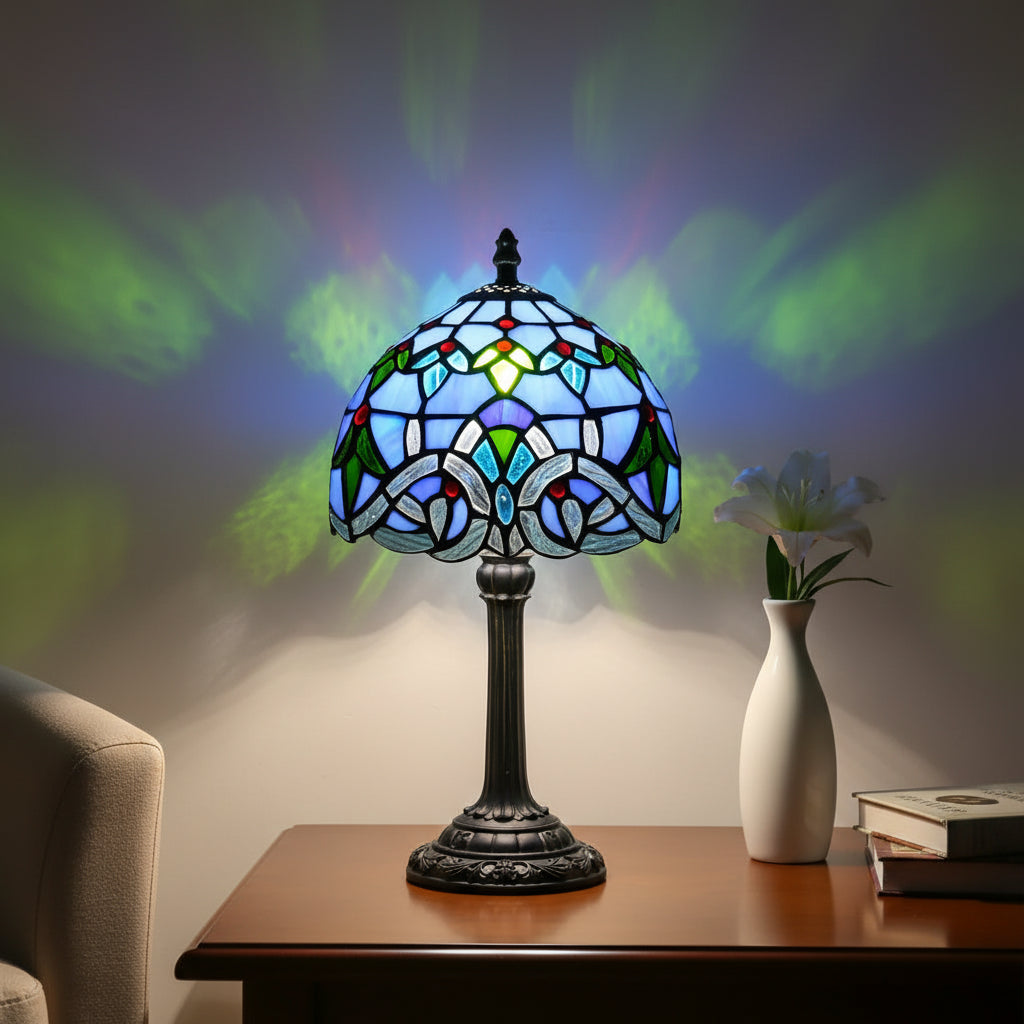 Lampe de Table Style Tiffany à Vitrail Floral Bleu