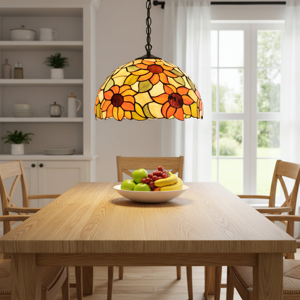 Suspension en Verre Teinté Motif Tournesol Dia 30cm