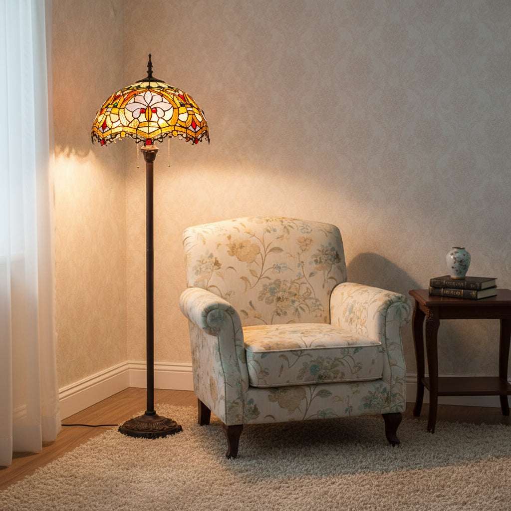 Lampadaire Tiffany Vintage en Verre Teinté Floral
