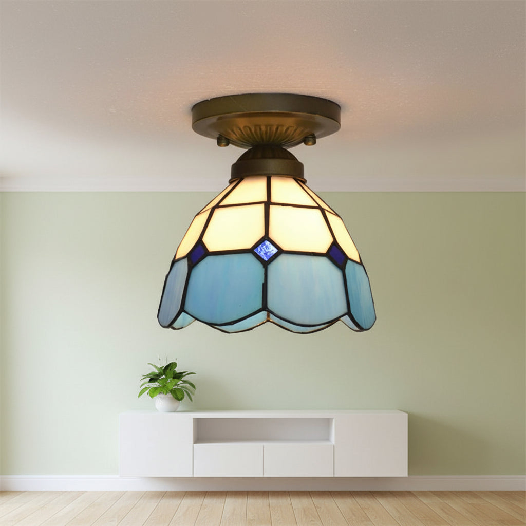 Plafonnier Style Tiffany en Verre Teinté Bleu et Blanc