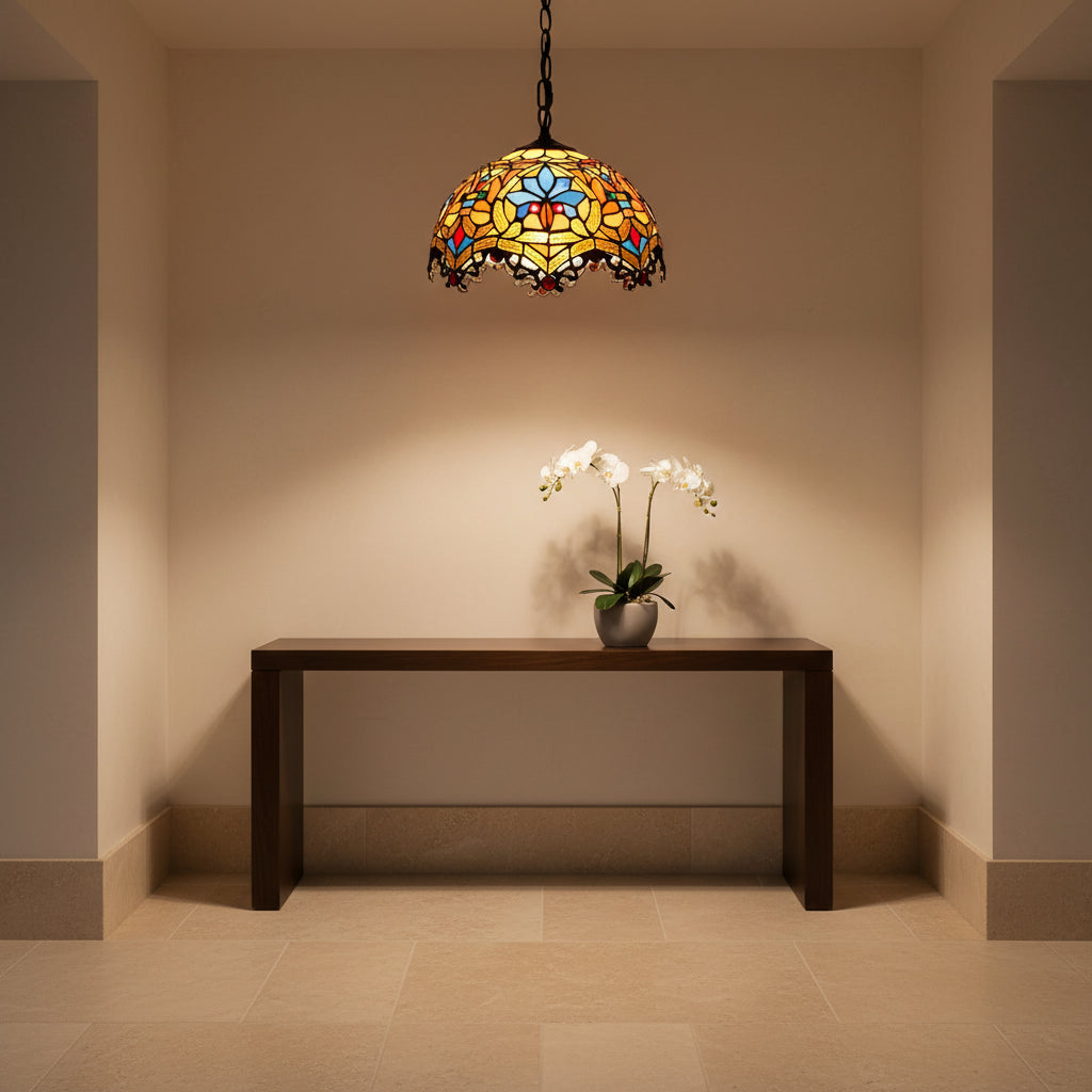 Suspension Luminaire Tiffany en Verre Ambré Floral 30cm