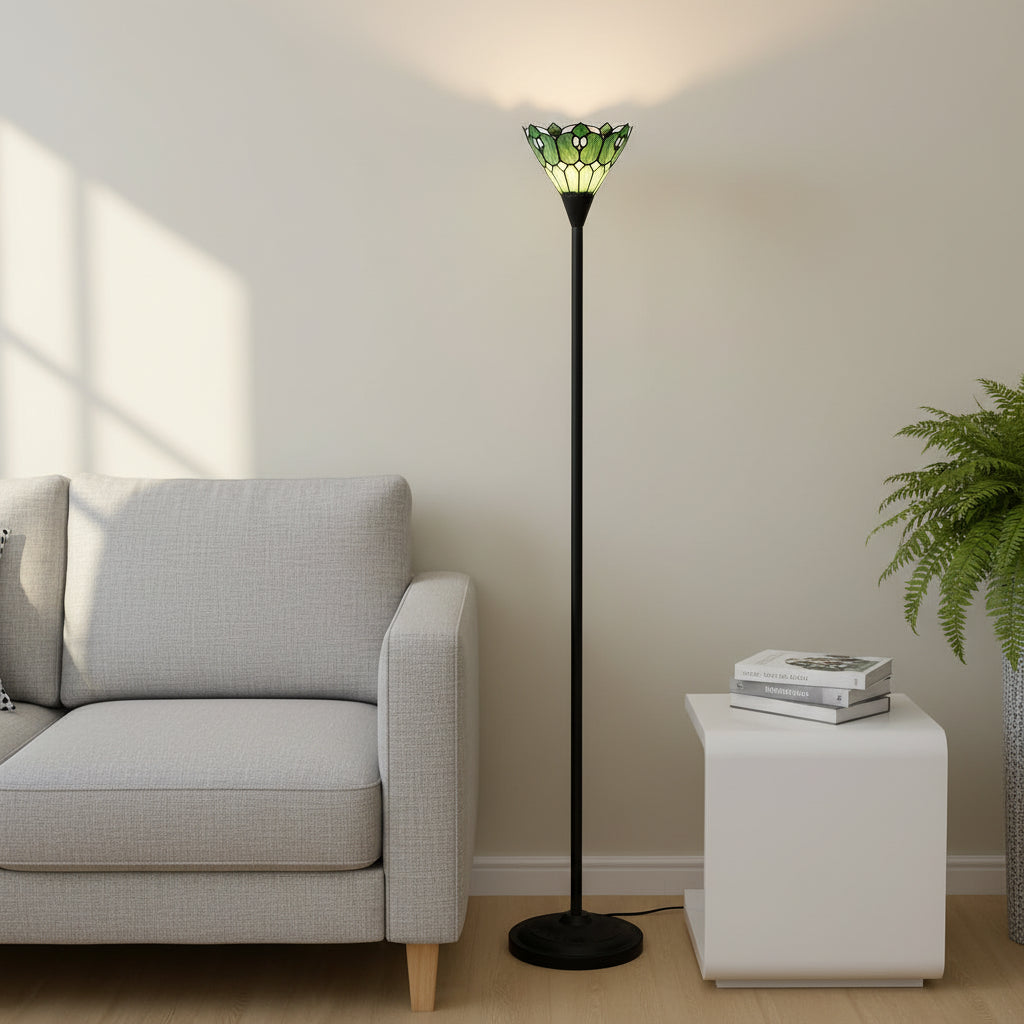 Lampadaire Style Tiffany en Vitrail Vert et Crème