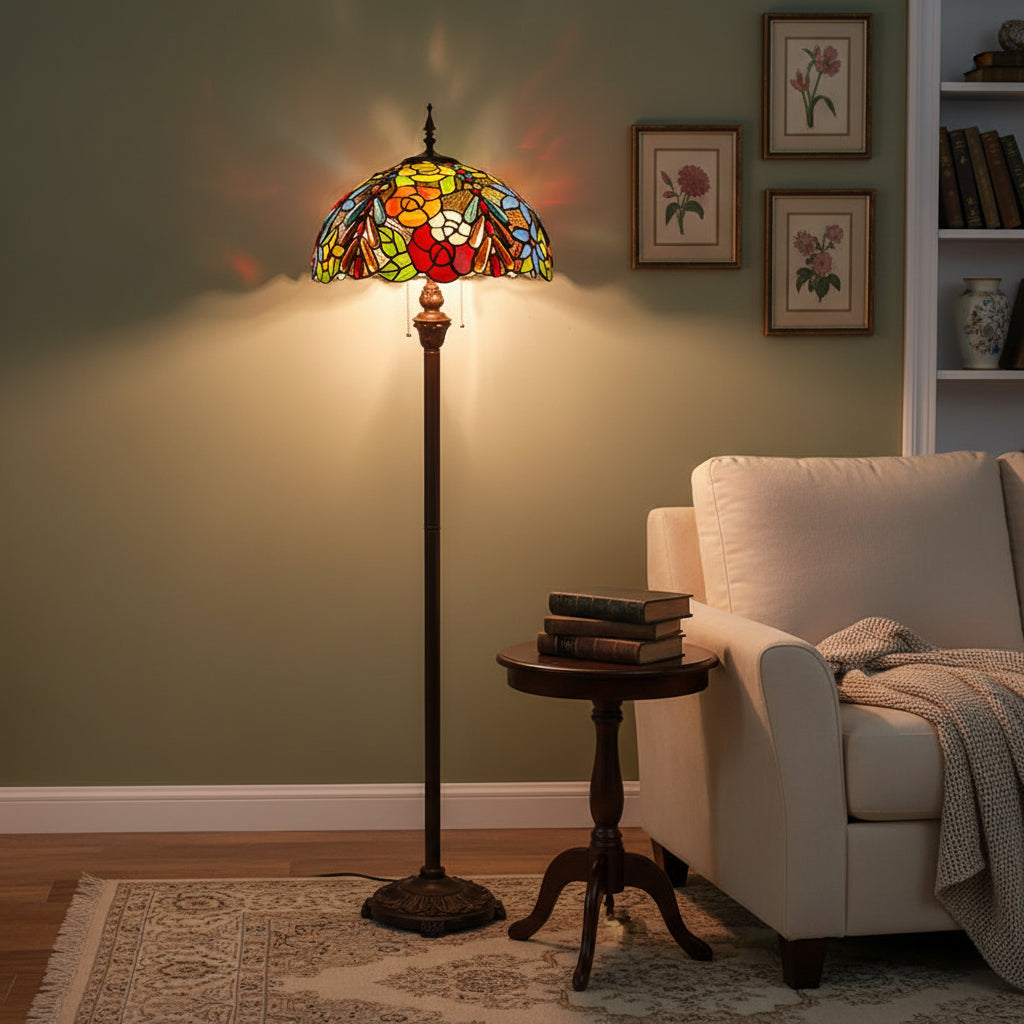 Lampadaire Style Tiffany Floral en Verre Multicolore
