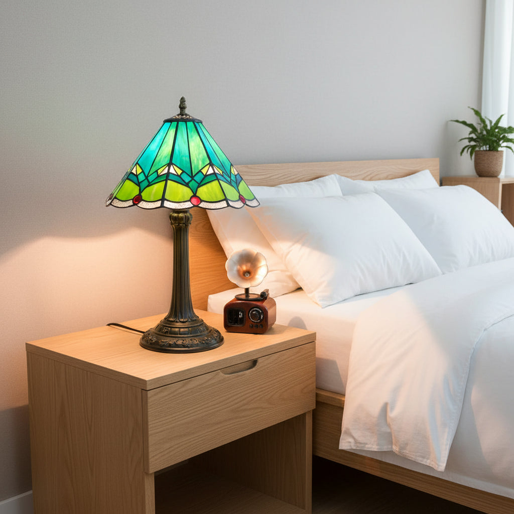 Lampe de Table en Vitrail Style Tiffany Vert Géométrique