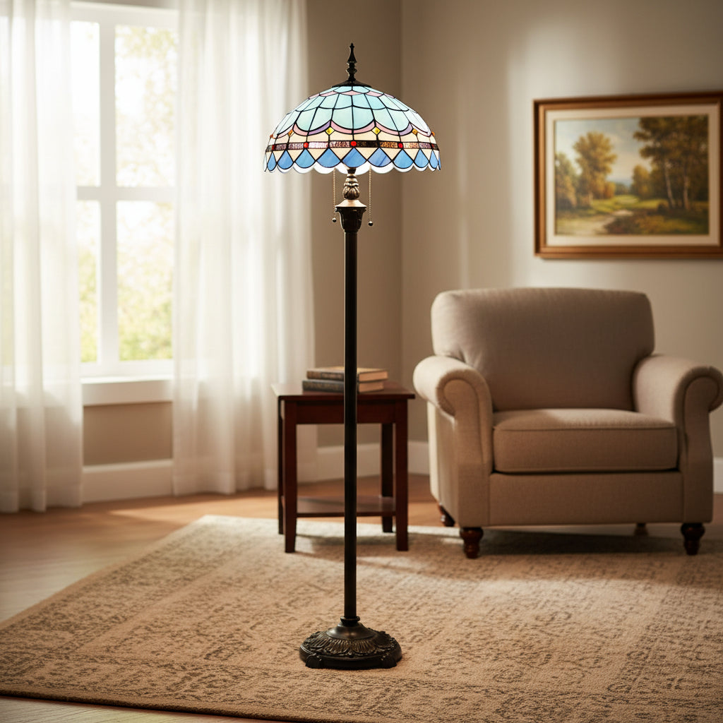 Lampadaire Style Tiffany en Vitrail Bleu et Multicolore