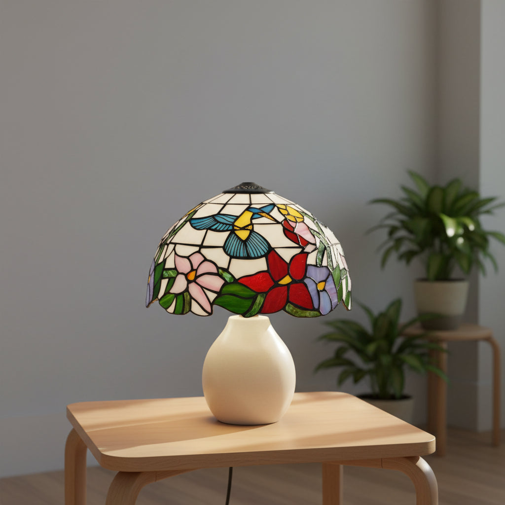 Abat-jour Tiffany en Vitrail Colibri et Fleurs