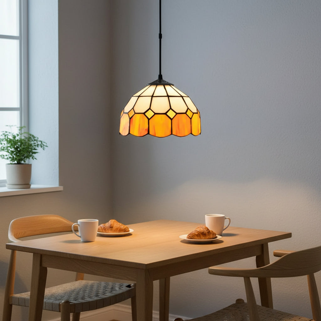 Suspension en Vitrail Style Tiffany Crème Orange Ø20cm