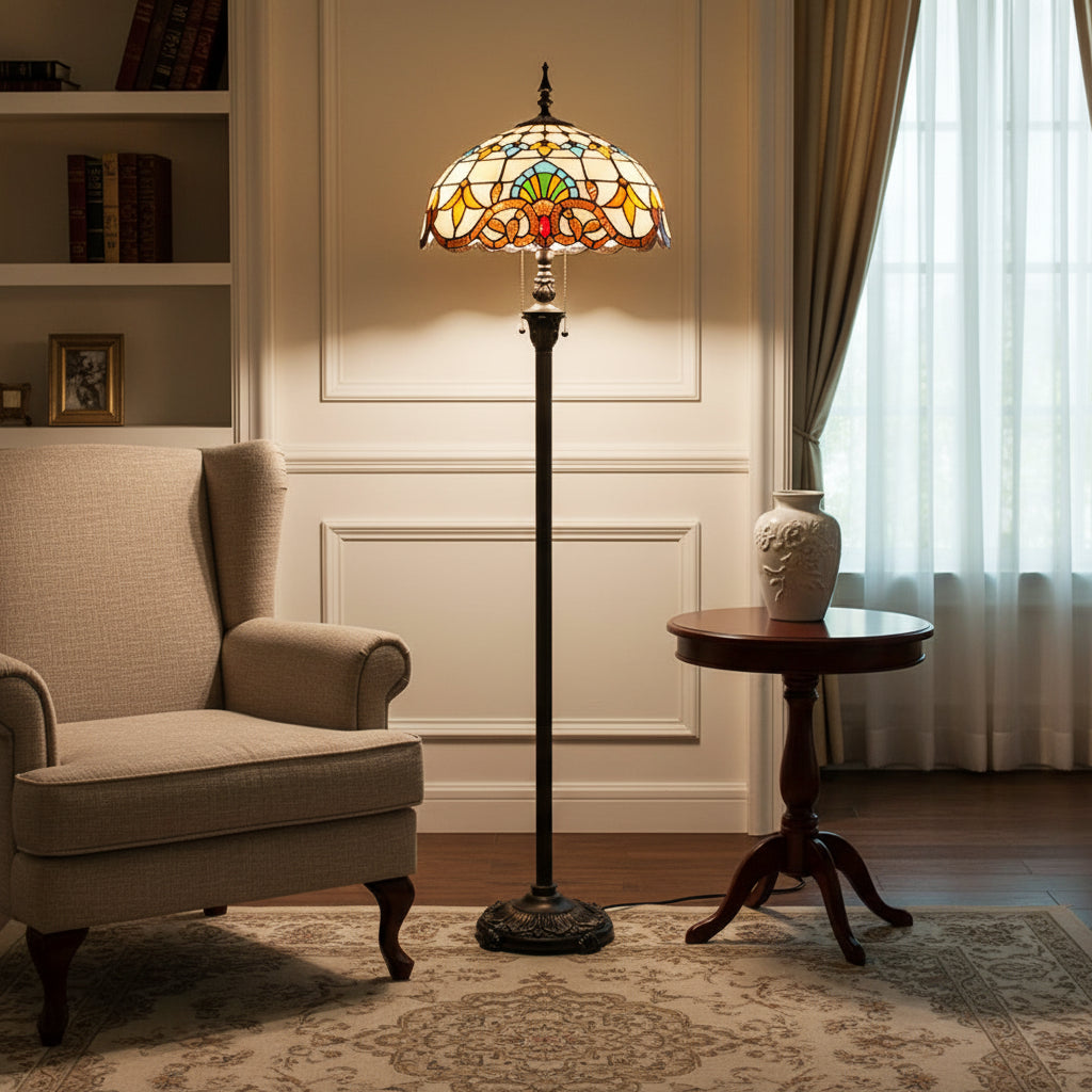 Lampadaire Style Tiffany en Vitrail Multicolore