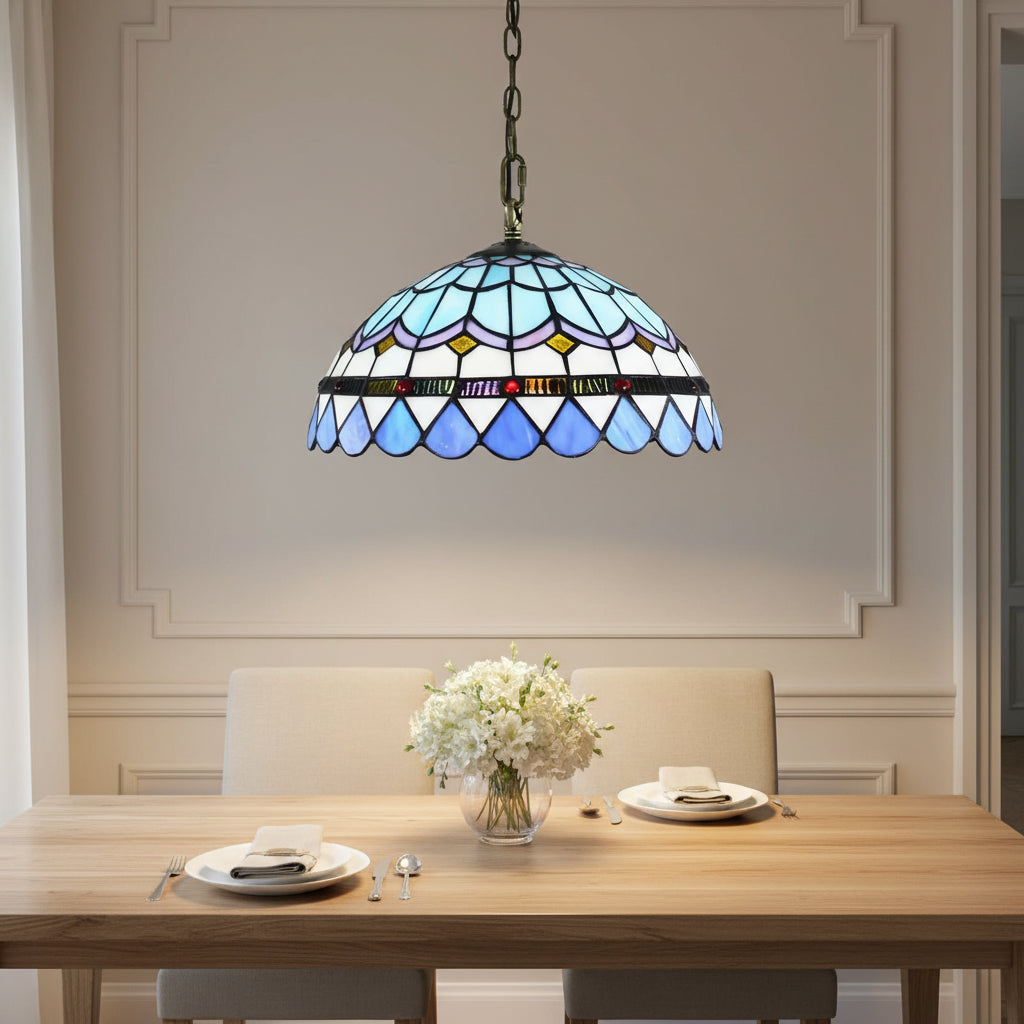 Suspension Luminaire en Vitrail Tiffany Bleue Géométrique D30cm