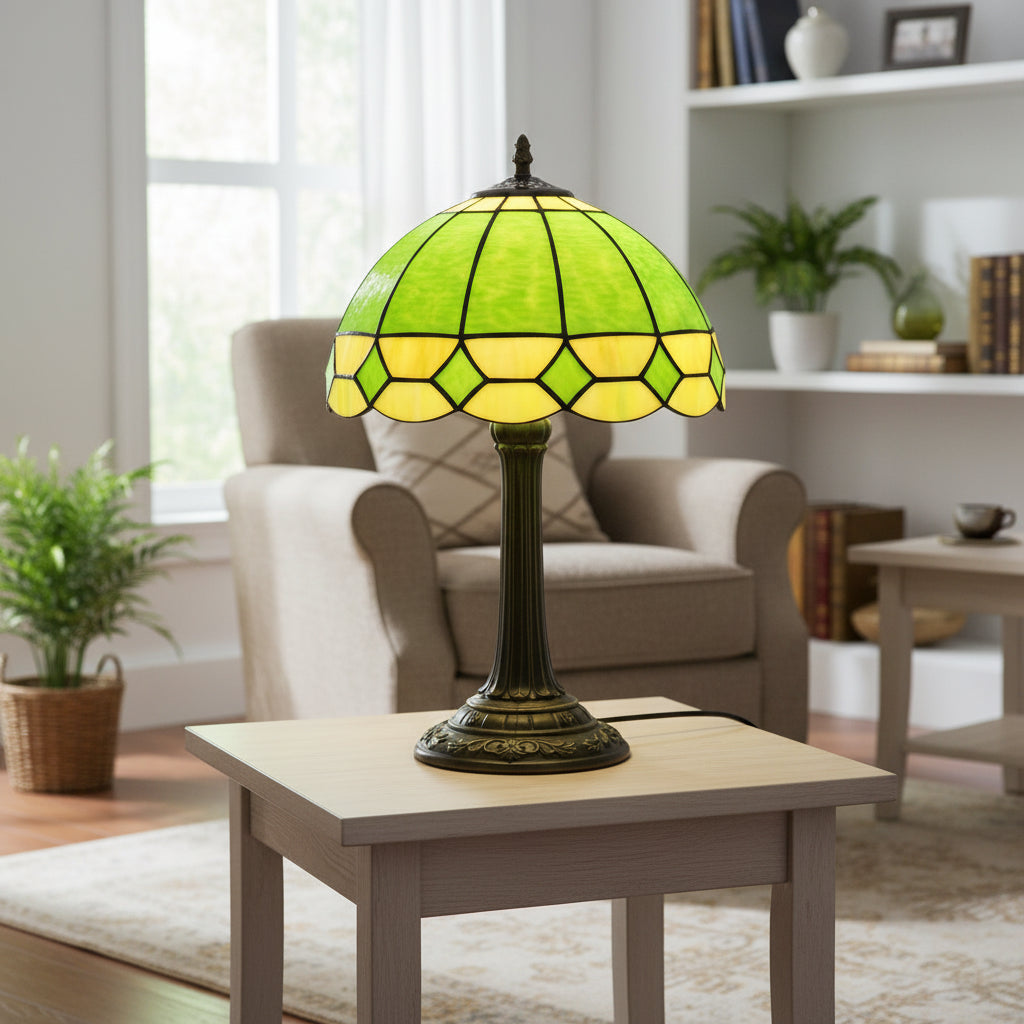 Lampe de Table Style Tiffany en Vitraux Verts et Jaunes