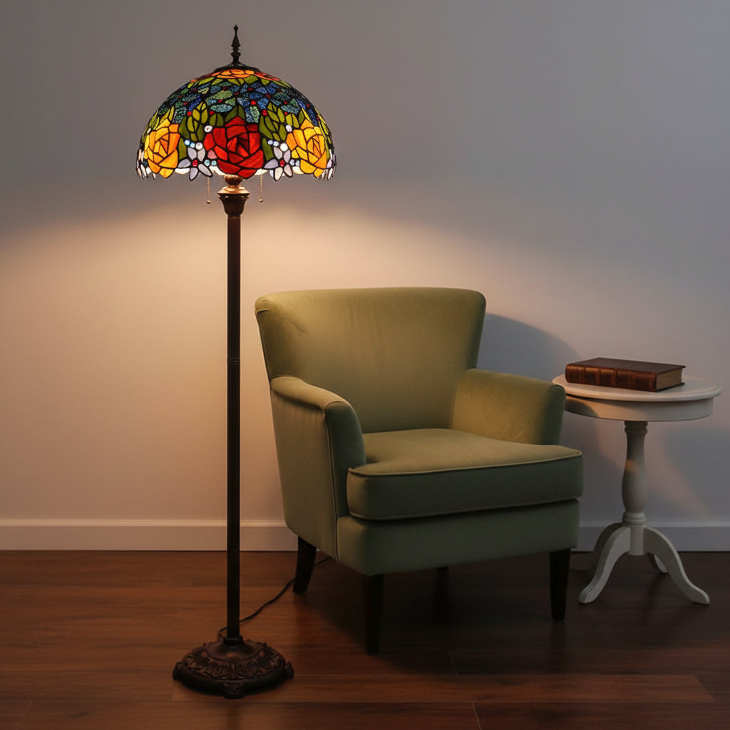Lampadaire Style Tiffany en Vitrail Roses Rouges et Jaunes