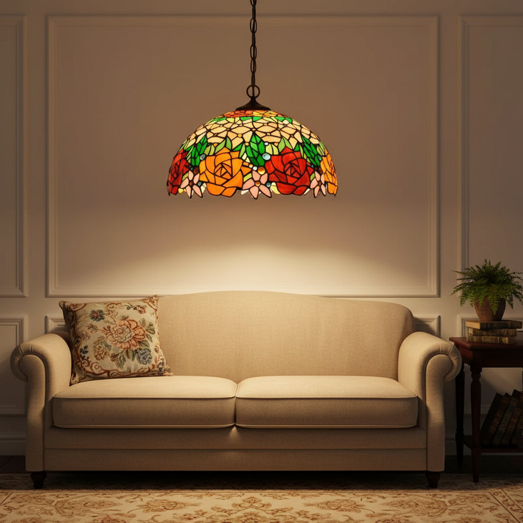 Suspension Style Tiffany en Vitrail à Roses Ø40cm