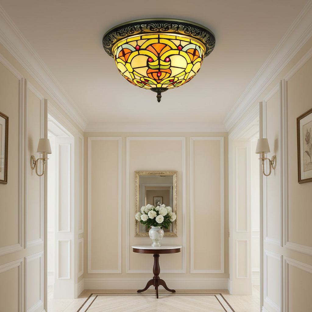 Plafonnier Rond Style Tiffany en Verre Teinté