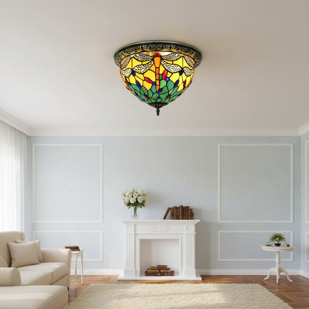 Plafonnier Style Tiffany Libellule en Verre Teinté