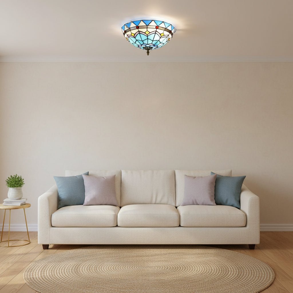 Plafonnier Dôme en Vitrail Tiffany Bleu Géométrique