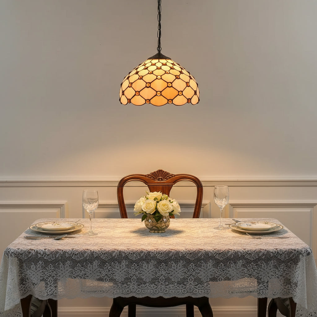 Suspension Luminaire Style Tiffany avec Joyaux Ambrés