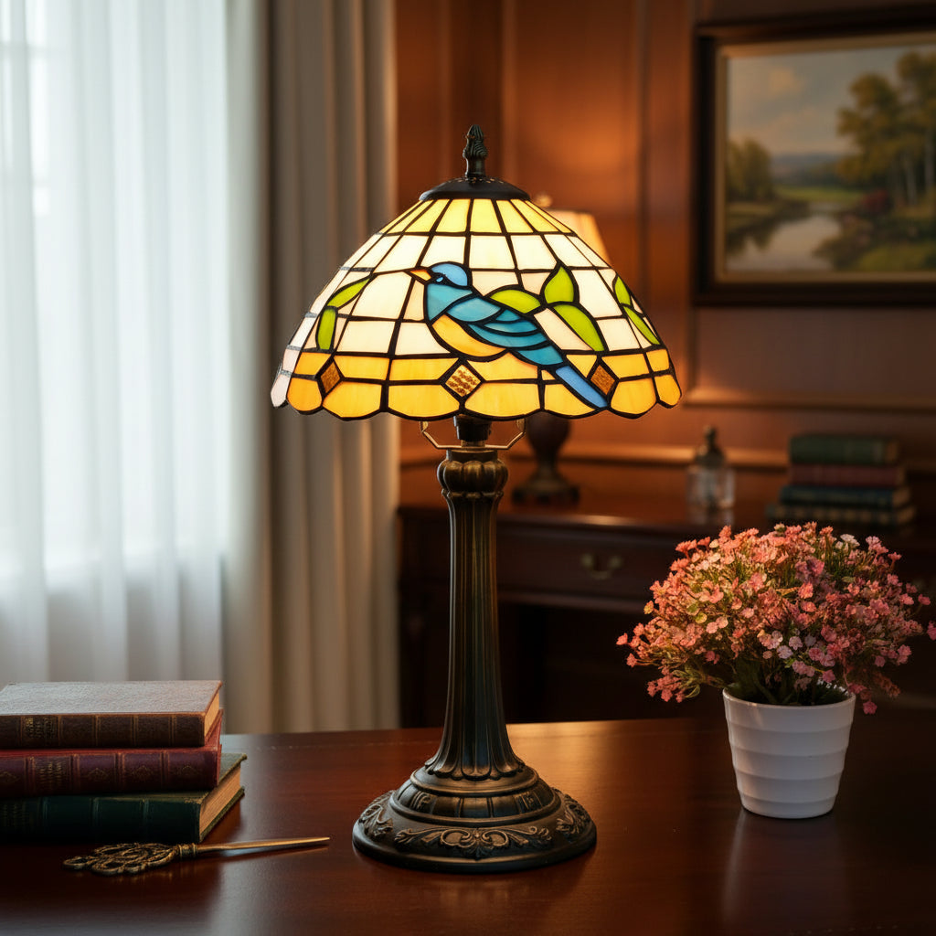 Lampe Tiffany en Vitrail à Motif Oiseau Bleu et Feuilles