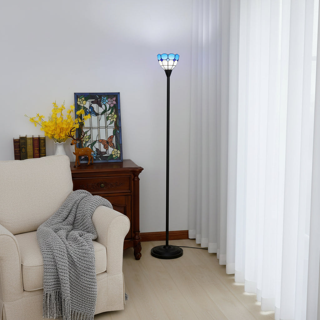 Lampadaire en Vitrail Bleu et Blanc à Forme de Tulipe