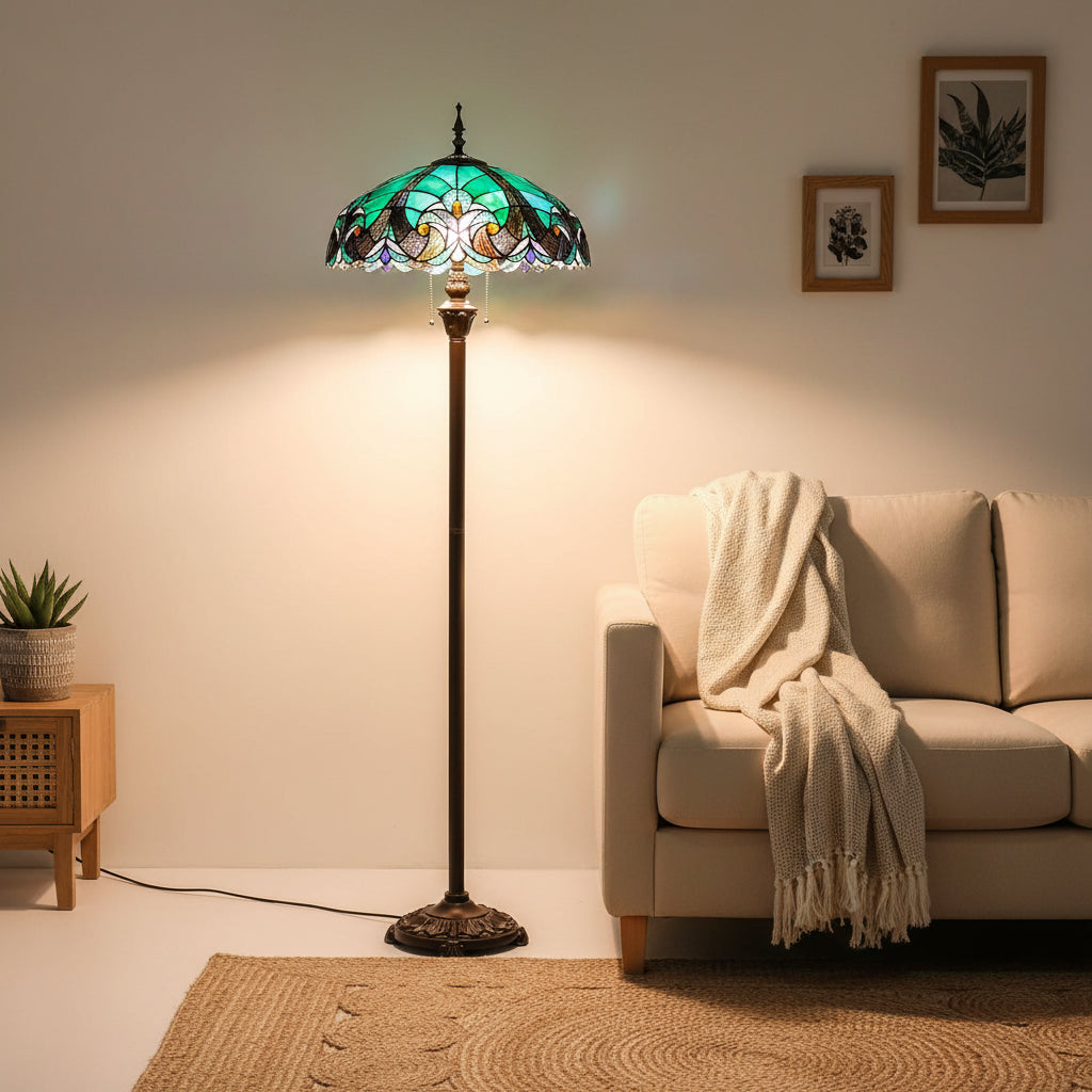 Lampadaire Style Tiffany en Verre Coloré Turquoise