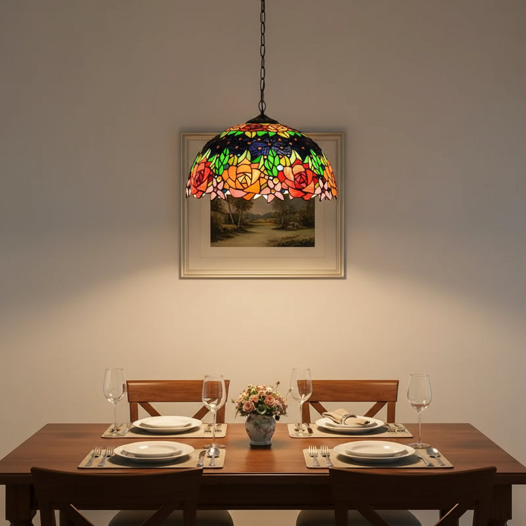 Suspension Tiffany à Vitrail de Roses Multicolores Ø40cm