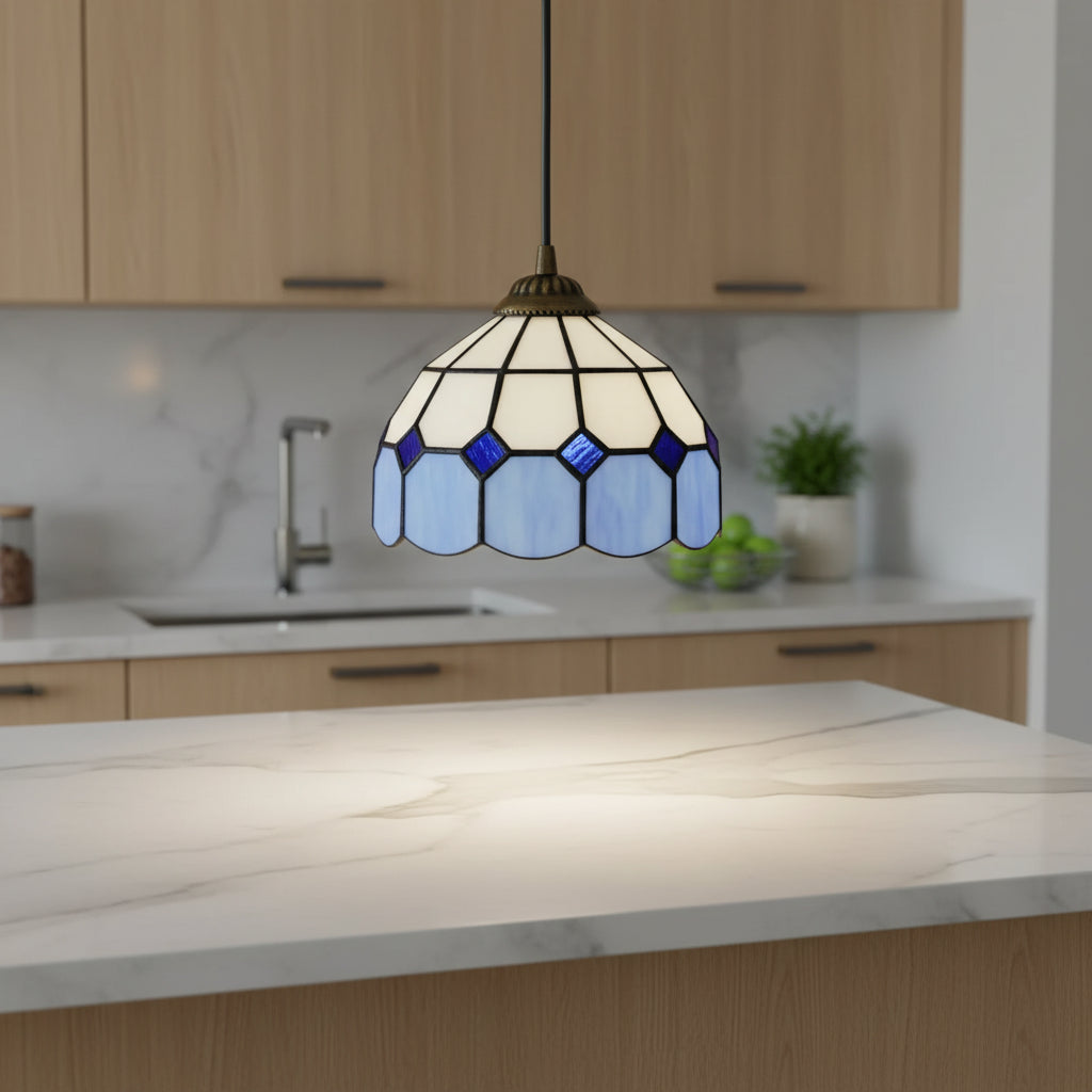 Suspension Luminaire Tiffany Géométrique Blanche et Bleue