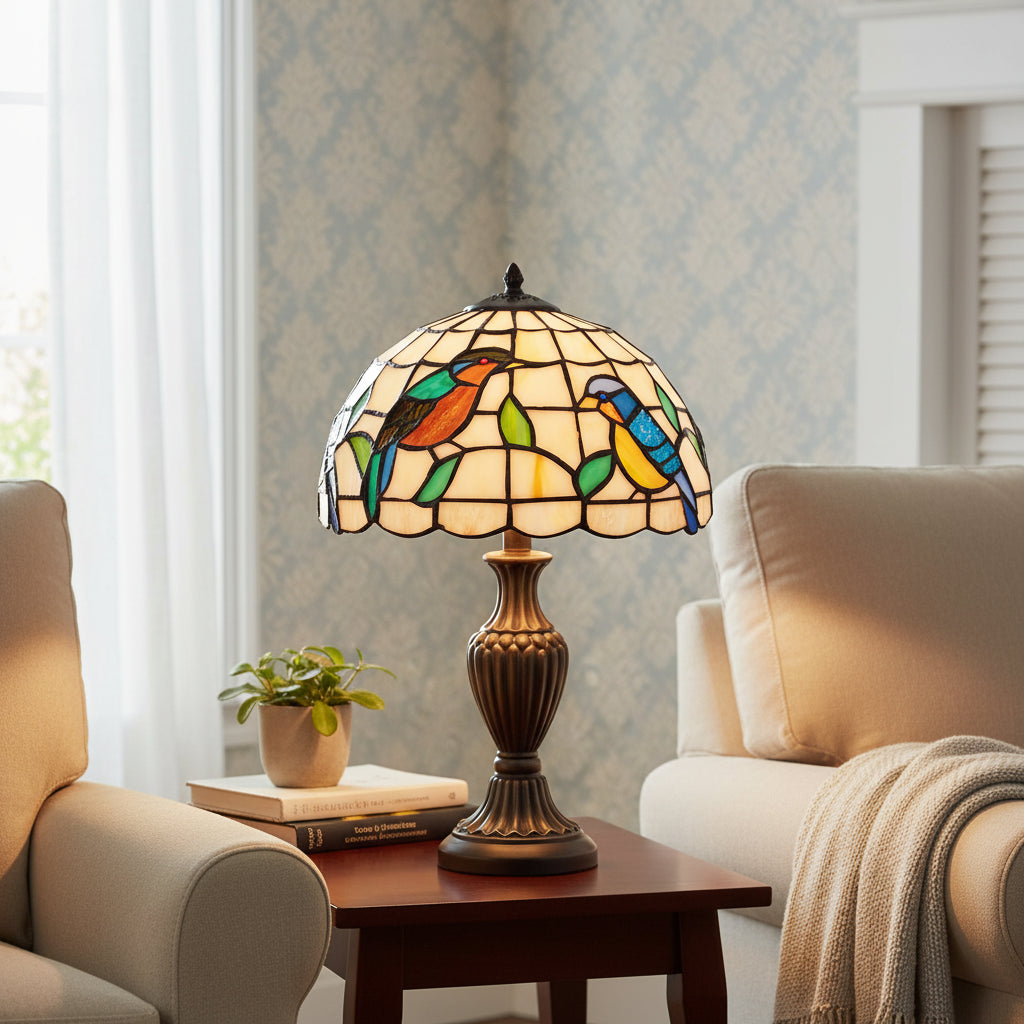 Abat-Jour en Verre Teinté Style Tiffany Oiseaux