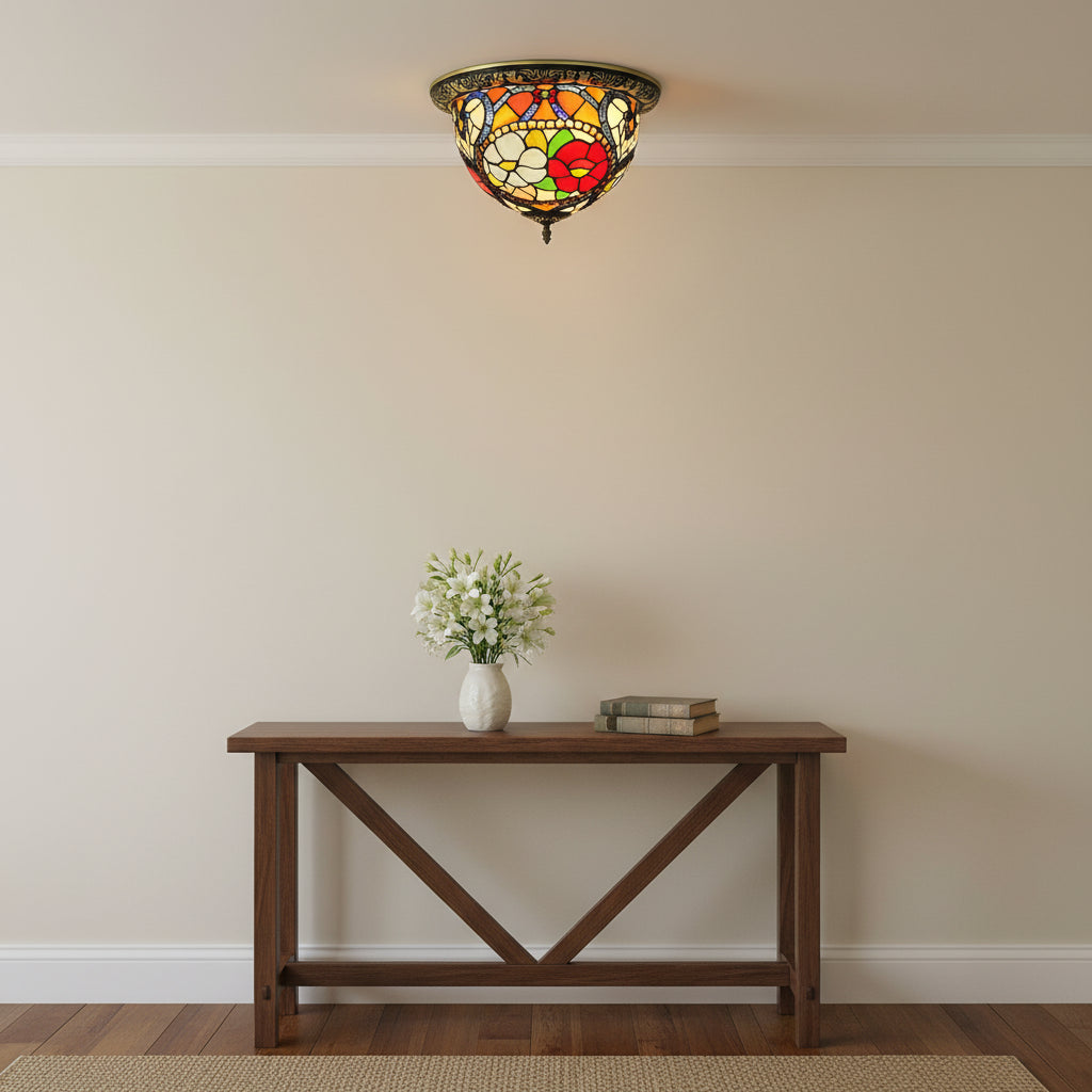 Plafonnier en Vitrail Floral Style Tiffany et Fer