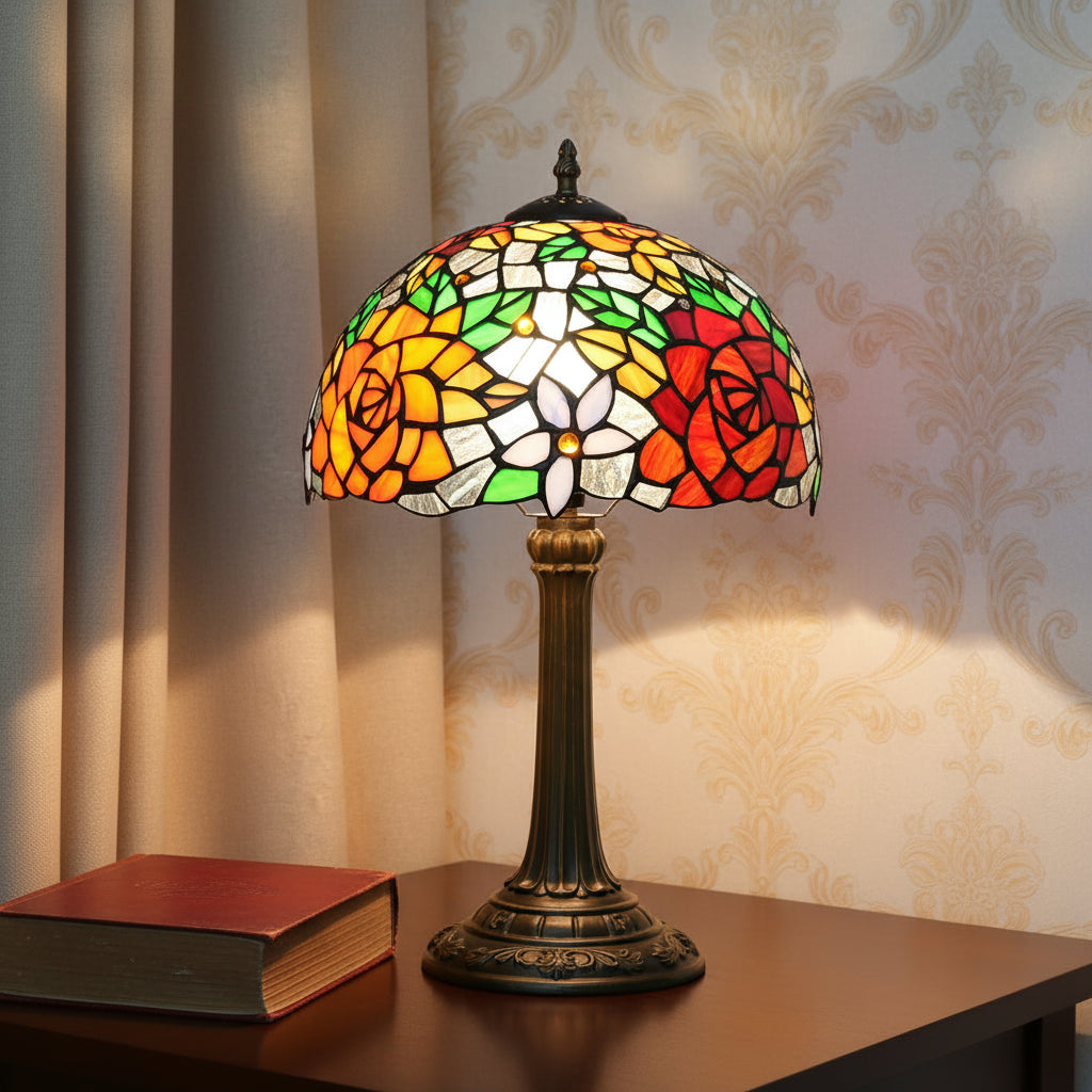 Lampe de Table en Vitrail Style Tiffany Roses