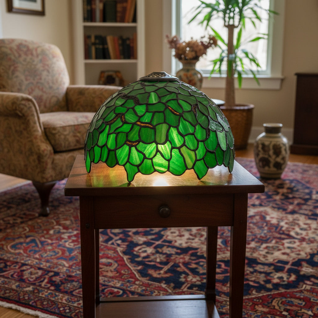 Abat-Jour Cloche Tiffany en Vitrail Vert Nuancé