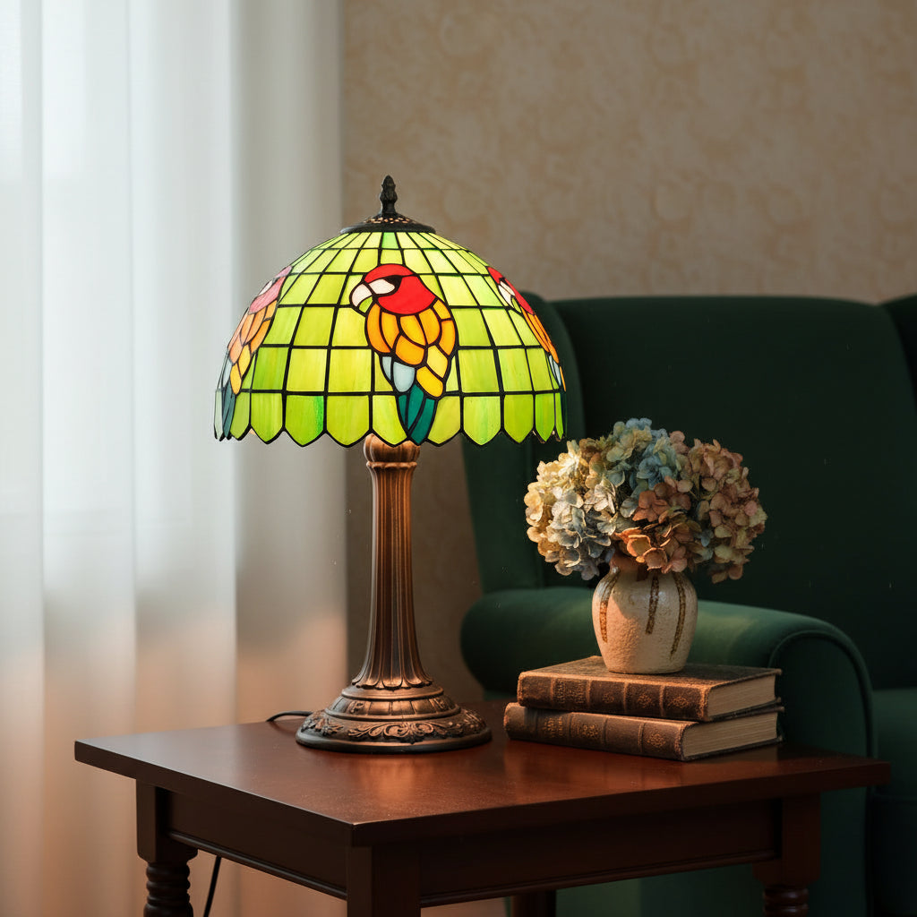 Lampe de Table Tiffany à Perroquets en Verre Teinté