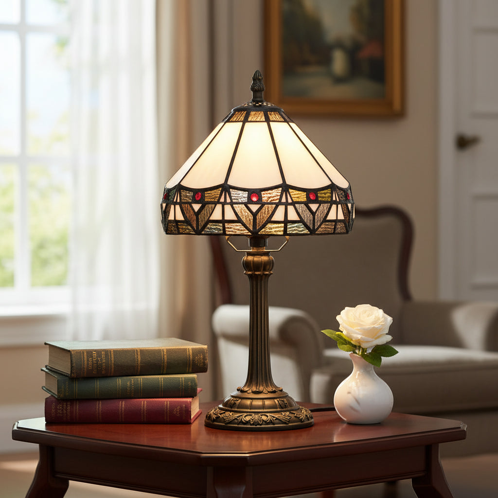 Lampe de Chevet en Vitrail Géométrique Style Tiffany Bronze