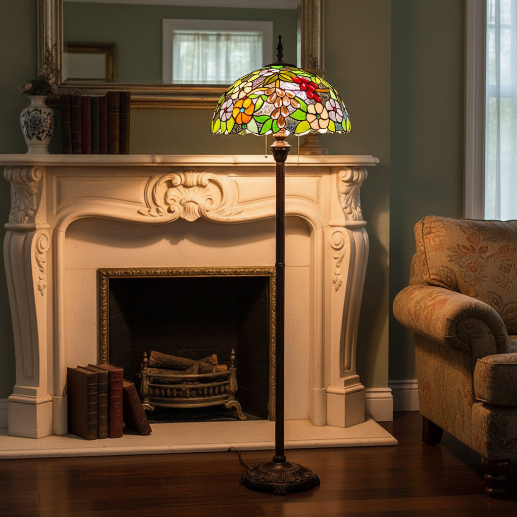 Lampadaire Style Tiffany en Verre Fleurs et Fruits
