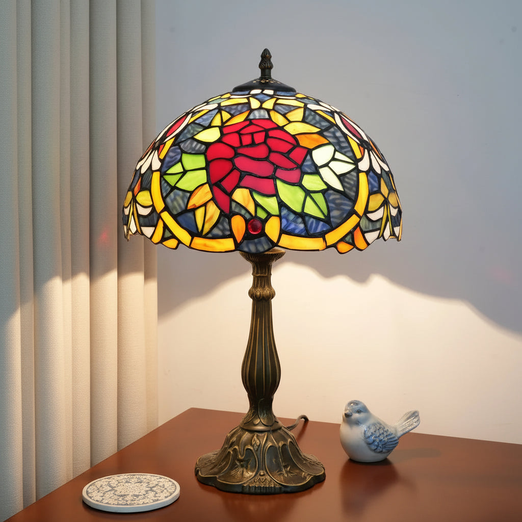 Lampe de Table Style Tiffany en Vitrail Rose Rouge