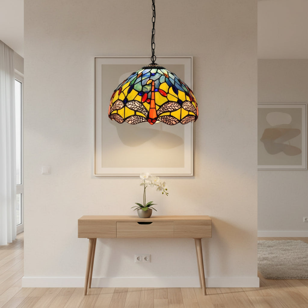 Suspension Tiffany en Vitrail Libellule Jaune Bleu