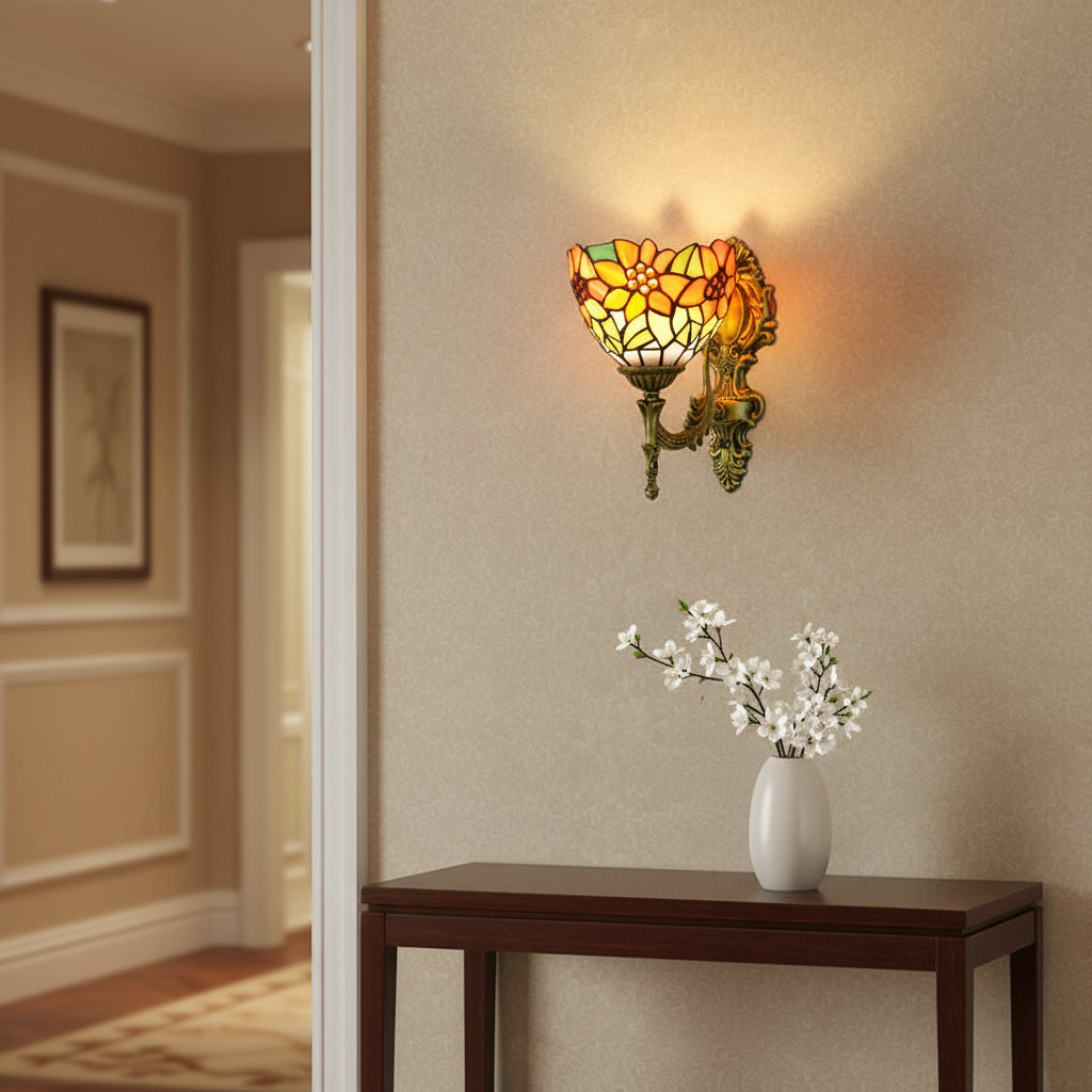 Applique Murale Tiffany Floral en Vitrail et Laiton Vieilli