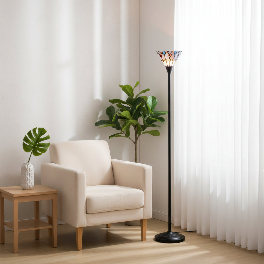 Lampadaire Tiffany en Vitrail Fleurs et Papillons