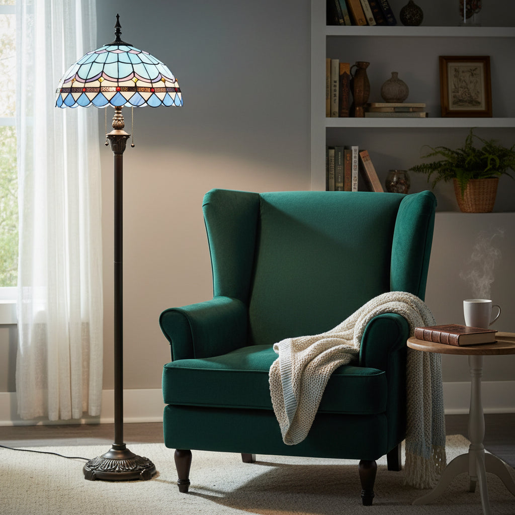 Lampadaire Style Tiffany en Vitrail Bleu et Multicolore