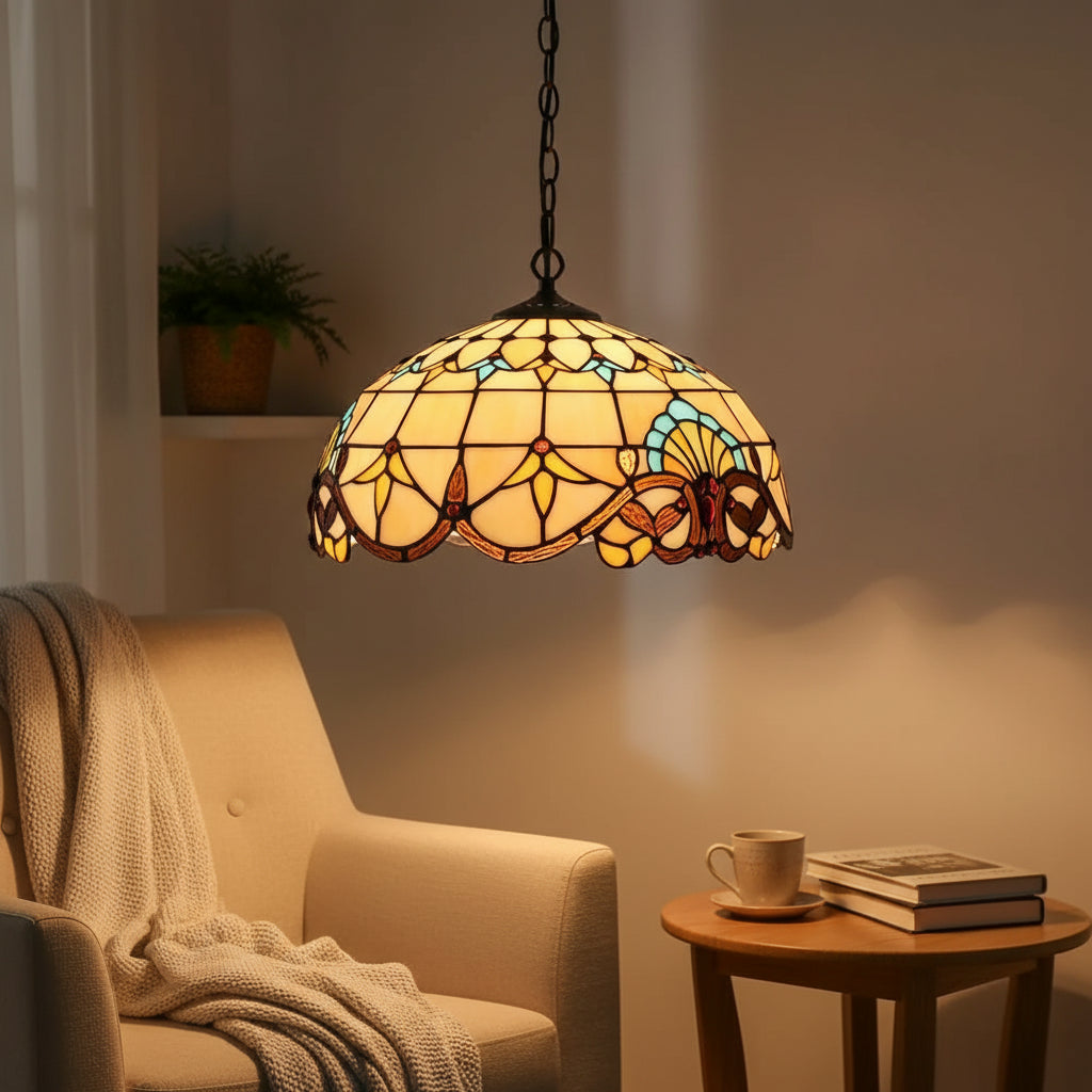 Suspension Dôme en Vitrail Style Tiffany Ambre