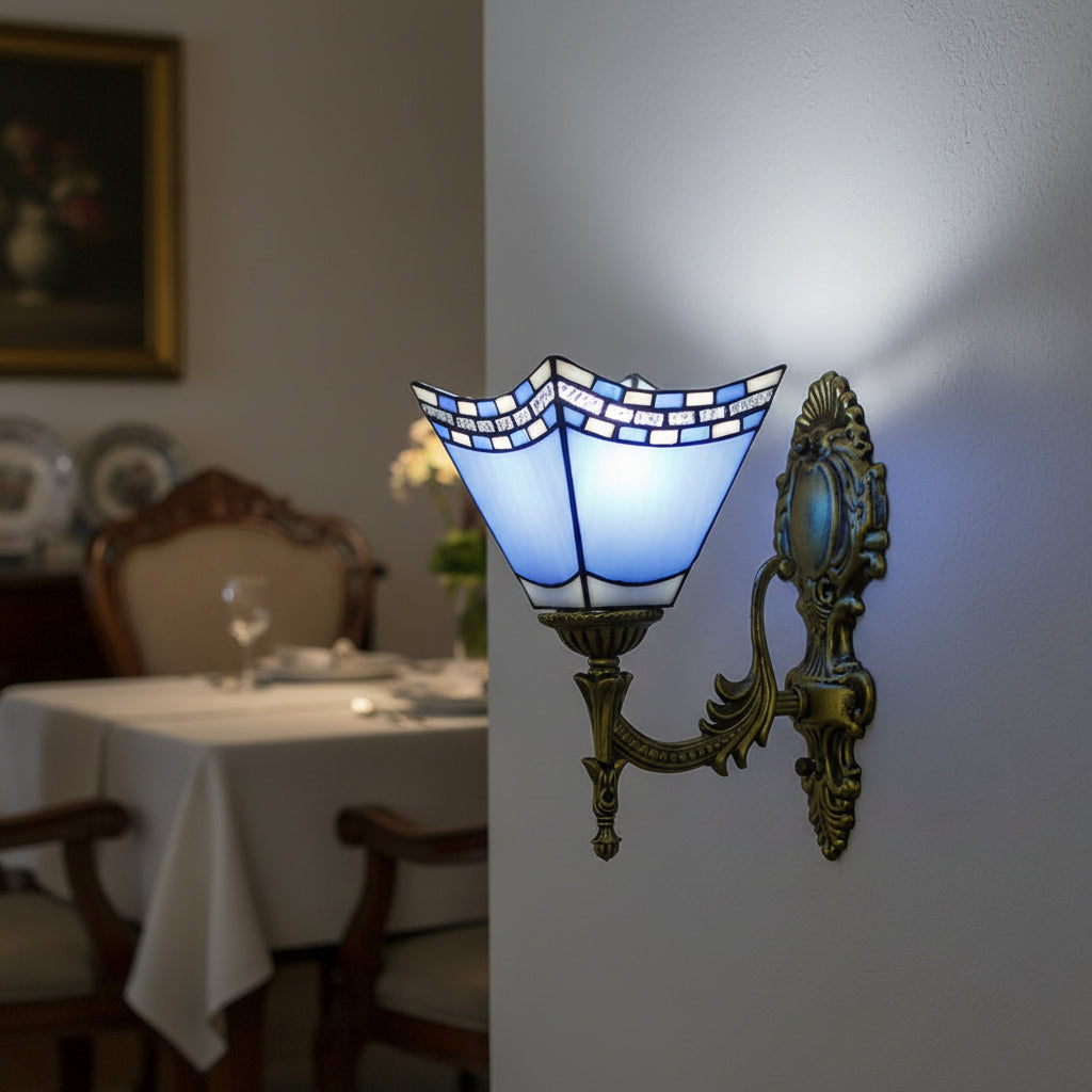 Applique Murale Ornée en Verre Bleu et Blanc