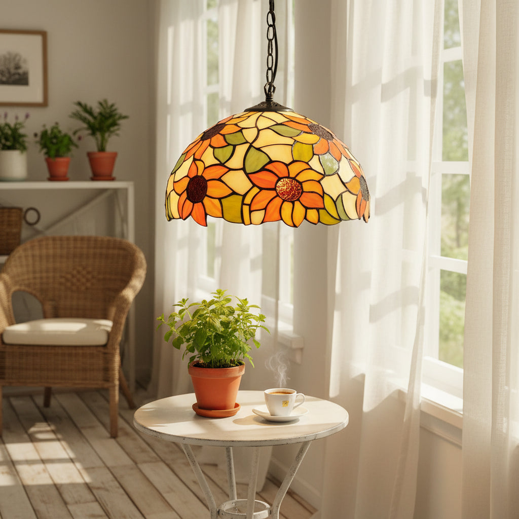 Suspension en Verre Teinté Motif Tournesol Dia 30cm