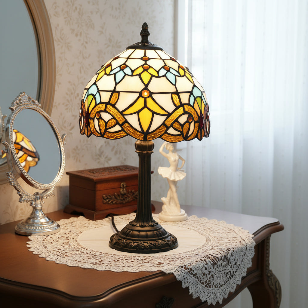 Lampe de Table Tiffany en Vitrail Jaune et Bleu
