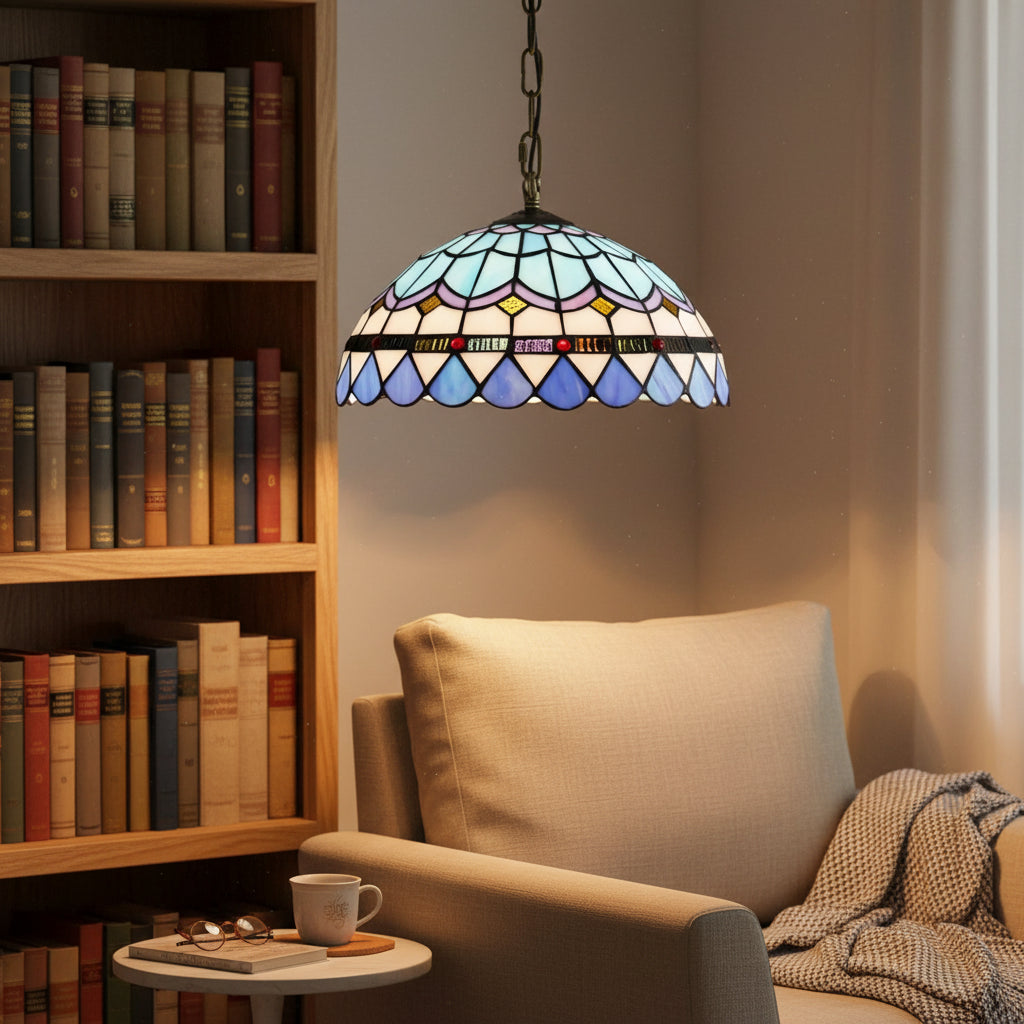 Suspension Luminaire en Vitrail Tiffany Bleue Géométrique D30cm